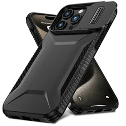 Hybrid Armor Shockproof Phone Case with Slide Push Window and Durable TPU Frame - iPhone 13 or 14 (Black)