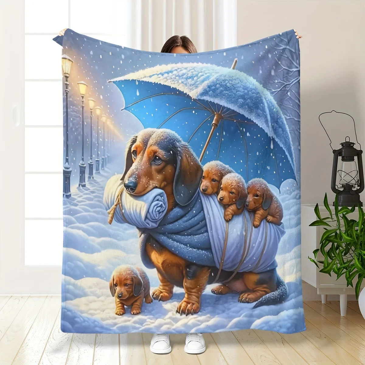 cute-dachshund-puppy-umbrella-fleece-blanket-soft-cozy-throw-for-winter