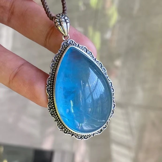 

Natural Blue Aquamarine Quartz Pendant Brazil Jewelry 925 Sterling Silver 43*28mm Blue Aquamarine Oval Necklace AAAAA