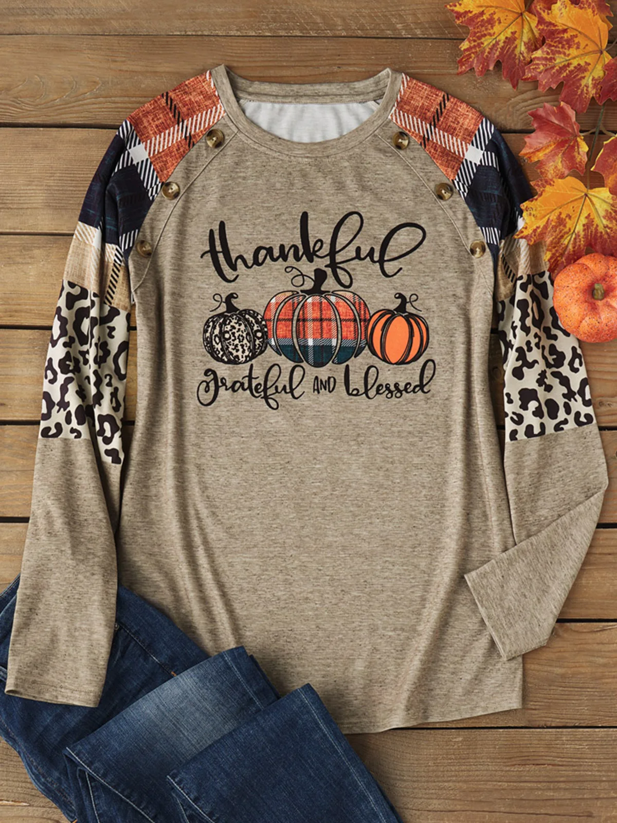 

Thanksgiving Grateful Blessed Leopard Plaid Pumpkin Blouse Spring Autumn Shirt Women Elegant Long Sleeve Printing Pullover Women