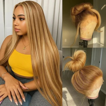 P4/27 Highlight Bone Straight 13x4 HD Lace Frontal Wigs Human Hair Brazilian Ombre Honey Blonde Colored Human Hair Wig For Women Ombre Lace Front Wig Human Hair Pre Plucked with Baby Hair 1