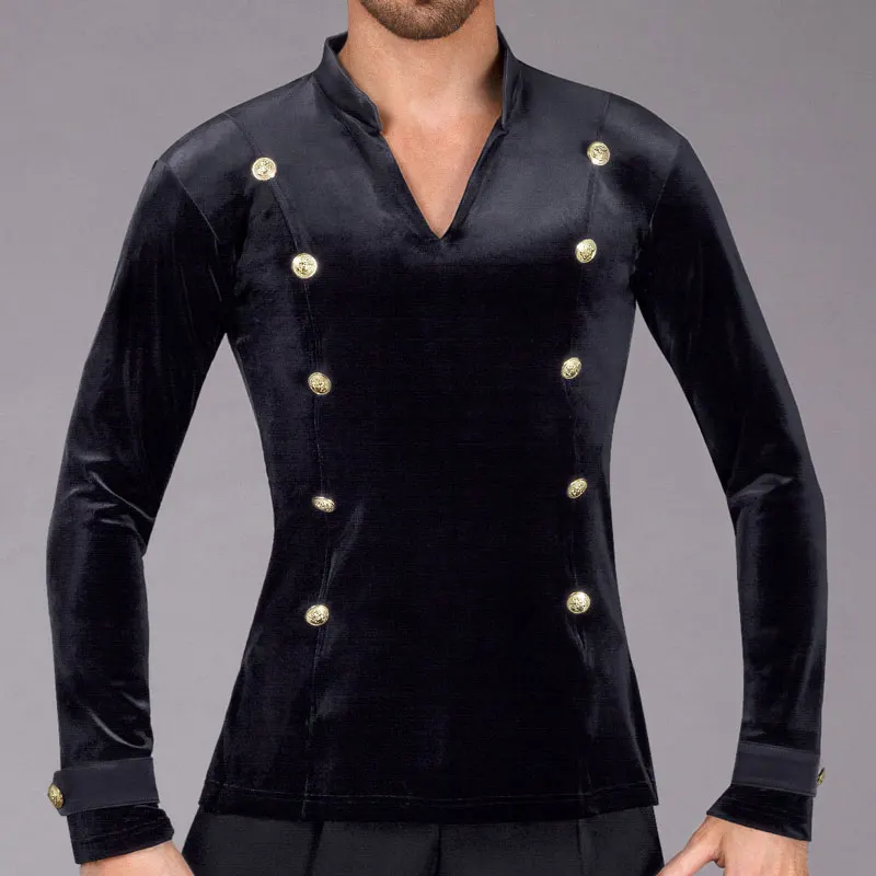 

Black Velvet V Neck Latin Dance Tops Men Adult Ballroom Dance Competition Shirt Long Sleeves Cha Cha Rumba Dance Clothes JL5389