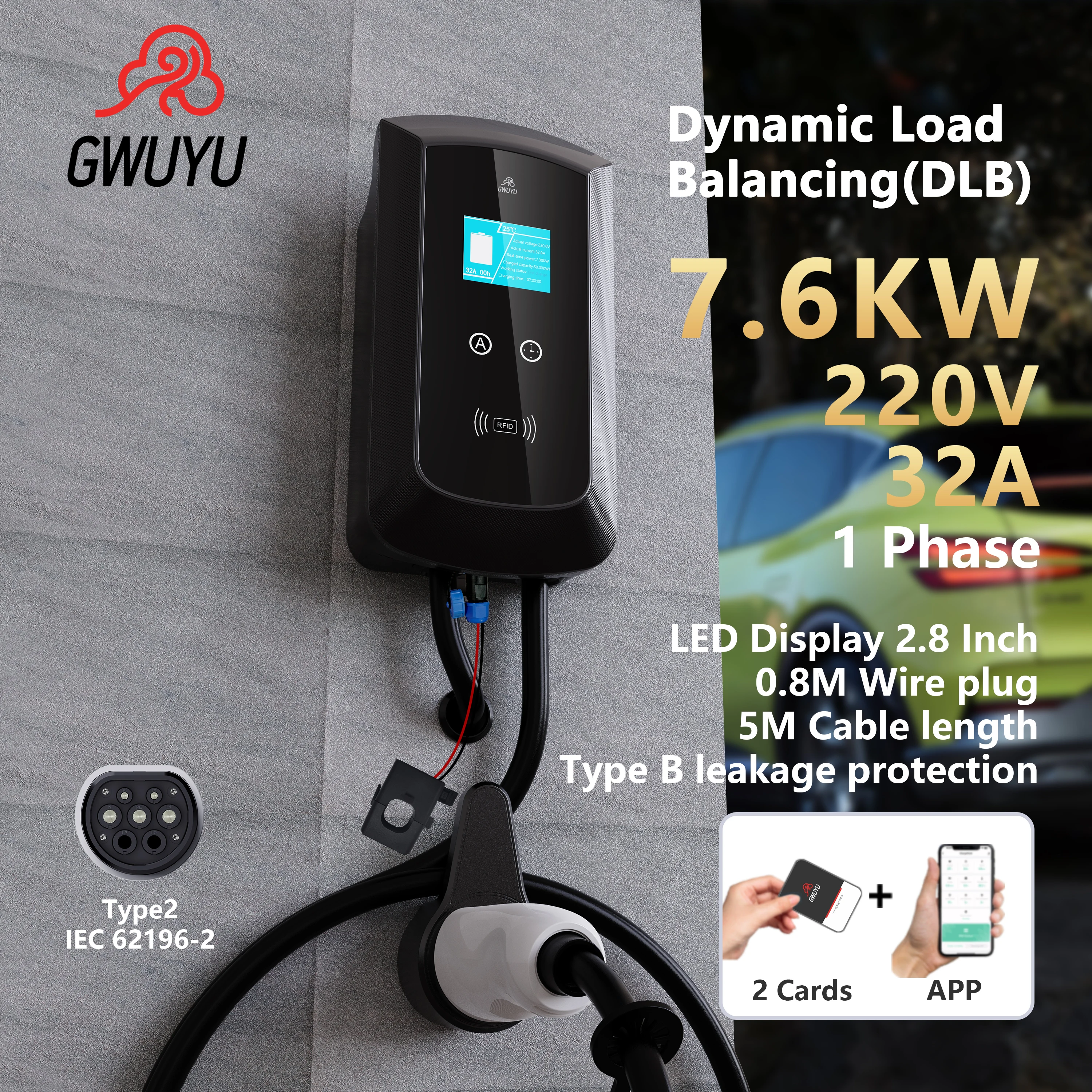 

EV Charging Station Dynamic Load Balancing GWUYU JZ14 Type 2 7.6KW 32A 3 Phase 11KW 22KW Wallbox Charger for Electric Vehicle