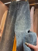 Blue High Waist iny Diamond Wide Leg Jeans Ele Faionable Autumn New Arrival Women's Premium Brand Denim Pants