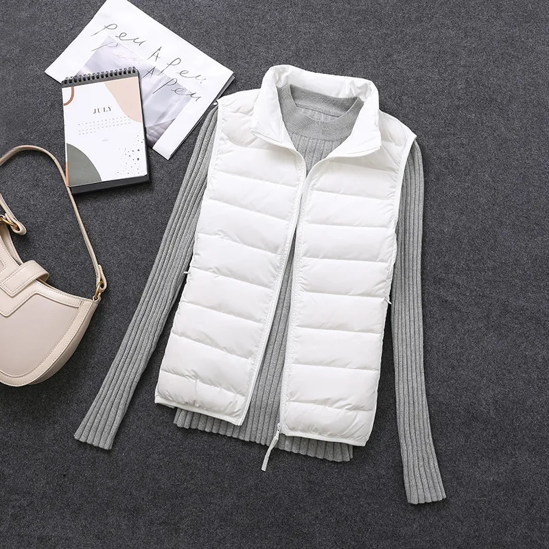 

Women Ultra Light White Duck Down Vest Jacket Autumn Winter Warm Sleeveless Waistcoat Parka Ladies Stand Collar Short Down Coat