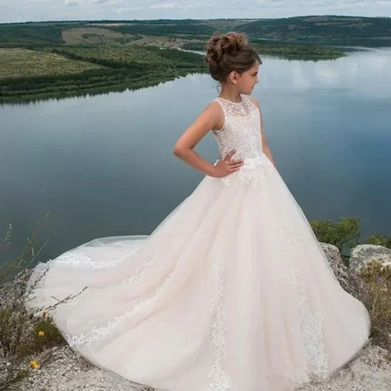 

Flower Girl Dresses Lace Sleeveless A-LINE Floor-Length O-Neck Princess Pageant Girl Wedding Birthday Party First Communion