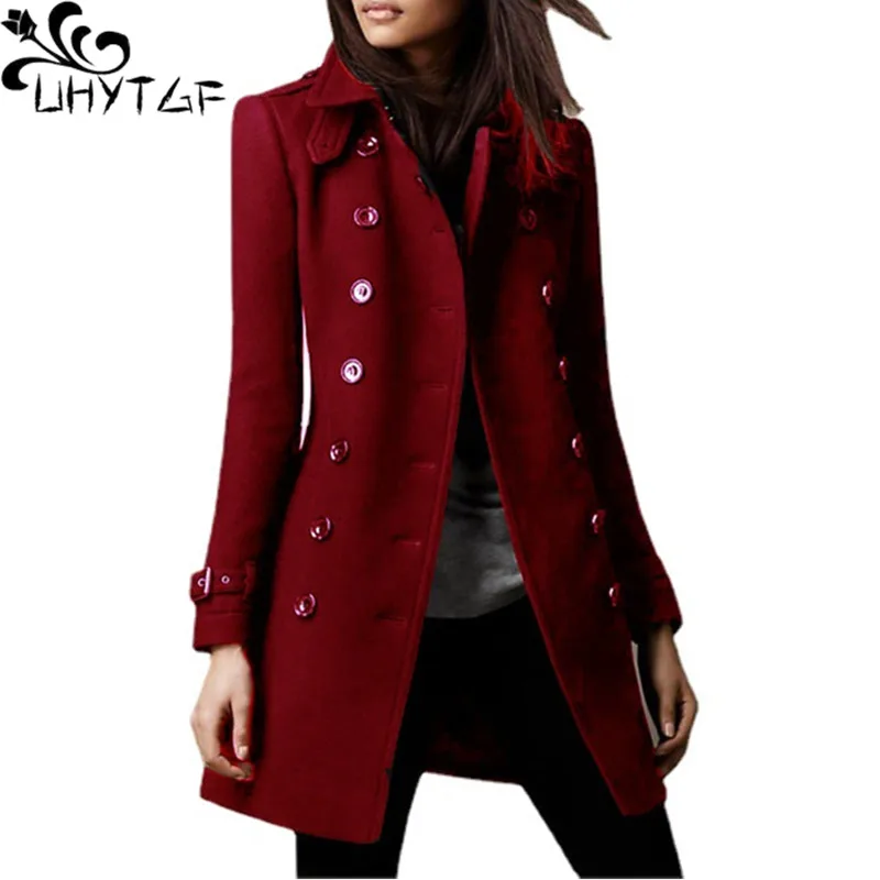 

UHYTGF Woolen Coat Women Solid Color Mid-Length Double-Breasted Spring Autumn Wool Jacket Female Casual Large Size Outewear 2302