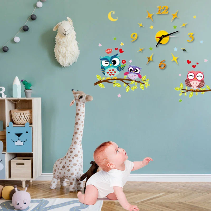 2022 Children'S Room 3D Diy Wall Clock Modern Home Decoration Owl Art Sticker Decal Acrylic Quartz Watch Living Wall Clocks