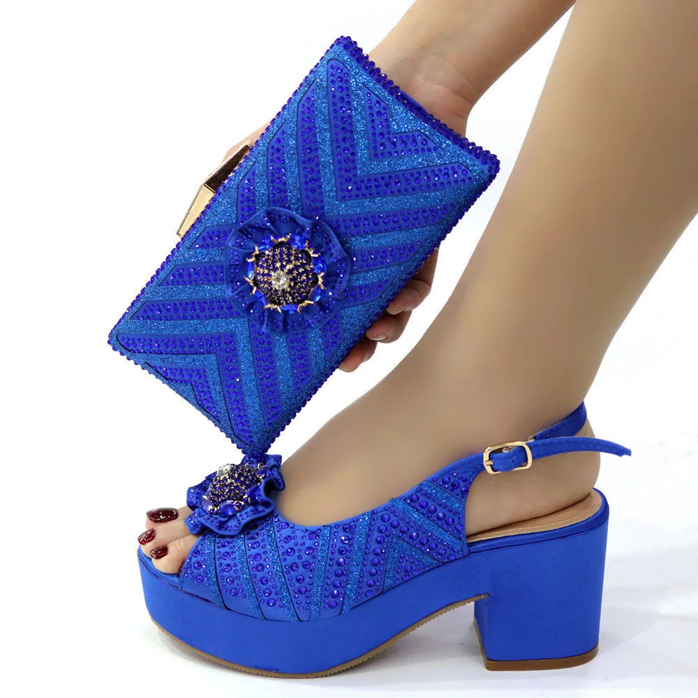 

New Arrival Fashionable Italian Design Blue Color Lady Shoes and Bag Sets with Appliques for African women peep toe shoes
