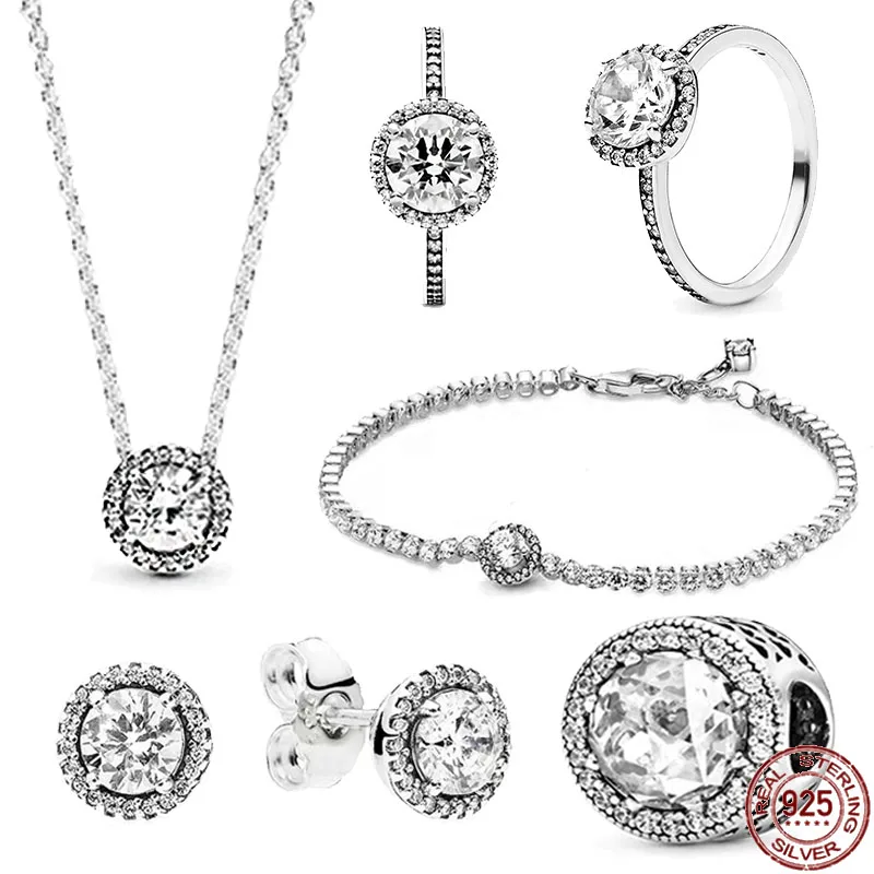 

Classic Women's Jewelry 925 Sterling Silver Brilliant Round Zircon Series Set Exquisite Bracelet Necklace Charm Jewelry Gift