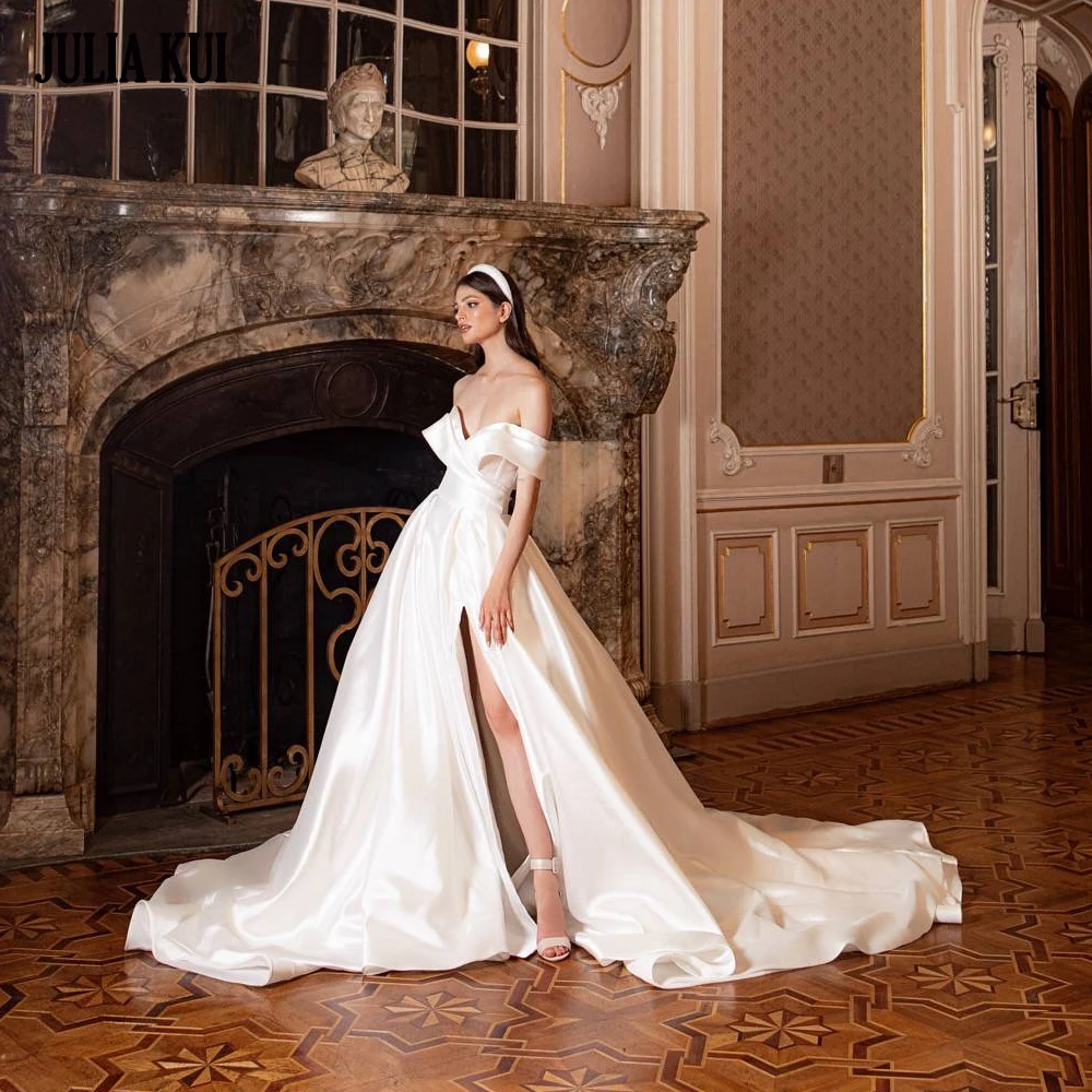 

Julia Kui Simple Elegant A Line Wedding Dresses Pleats Lustrous Satin Off The Shoulder Front Split Bridal Gowns