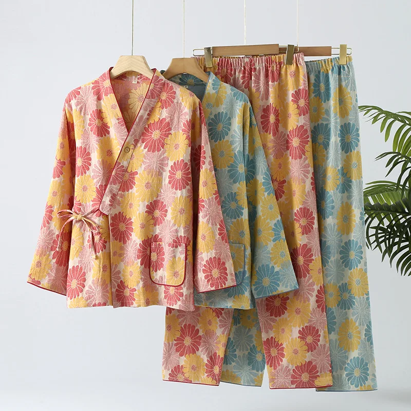 

Spring Cotton Double Gauze Pajama Set for Women Japanese Kimono Pijamas Yarn-dyed Jacquard Long-sleeved Lace-up Home Clothes 2pc