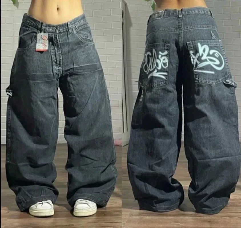 American Hip Hop Retro Gothic Print Jeans Women Y2K New Street Selling Fashion Loose Straight Wide Leg Pants Unisex Joker Jeans 2