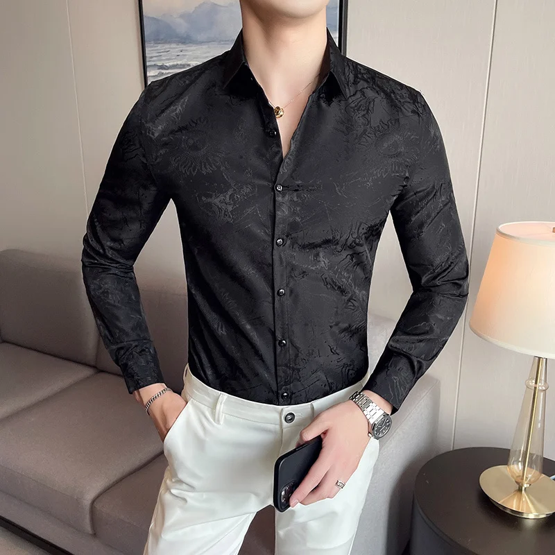 2021 Luxury Green Jacquard Shirt Men Black White Wedding Dres Shirt Prom Tuxedo  Hemise Homme Long Sleeve Slim Fit Shirt Men mens short sleeve button up shirts