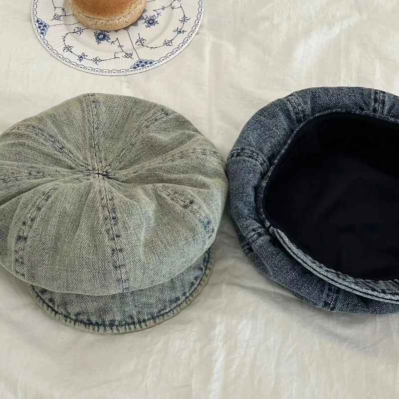 New Washed Denim Large Version Octagonal Hat Women's Sunshade Spring and Autumn Casual Short Brim Soft Top Newsboy Caps Gorras