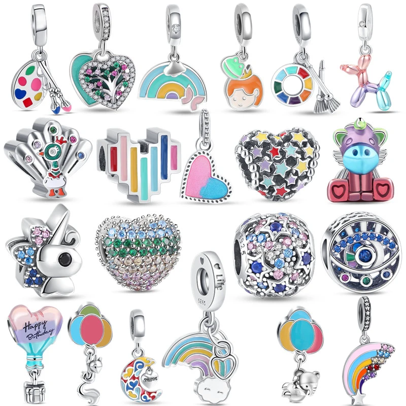 New 925 Sterling Silver Multicolored Beads Balloon Rainbow Dog Love Heart Dangle Charm Fit Original Pandora Bracelet DIY Jewelry new authentic 925 sterling silver pink original charm love potion murano glass heart dangle beads fit pandora bracelet jewelry