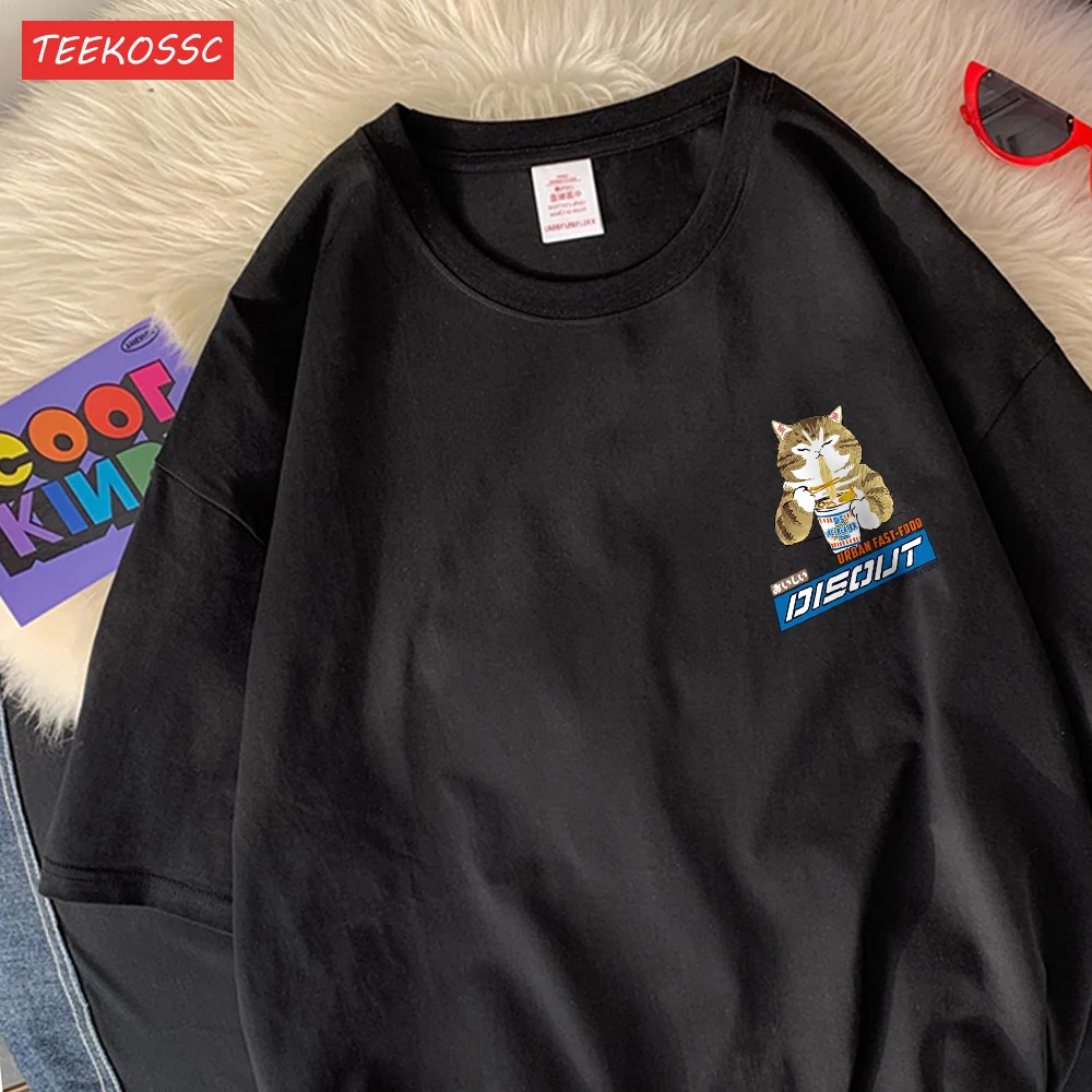 Cats Eating Noodles Cartoon Design Man Tees Graphic Fashion T Shirts High-Quality Daily T-Shirt Cotton Leisure Short Sleeved
