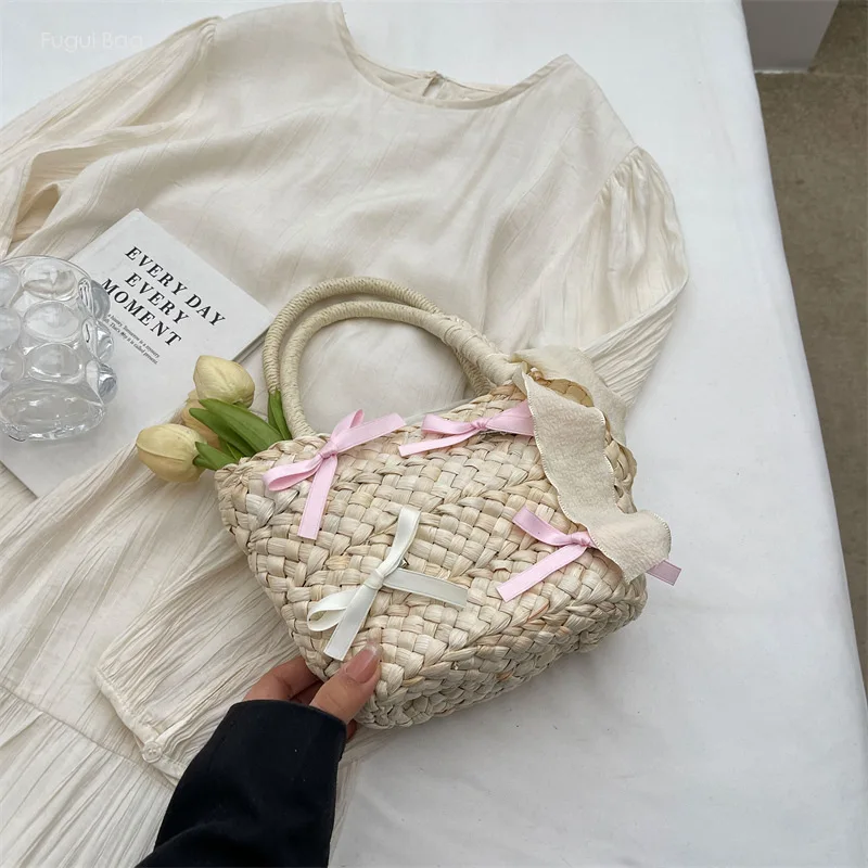 Women's Tote Bag, Bucket Bag Fashionable Straw Versatile Casual Simple Energetic Bow New Woven Beach Vacation