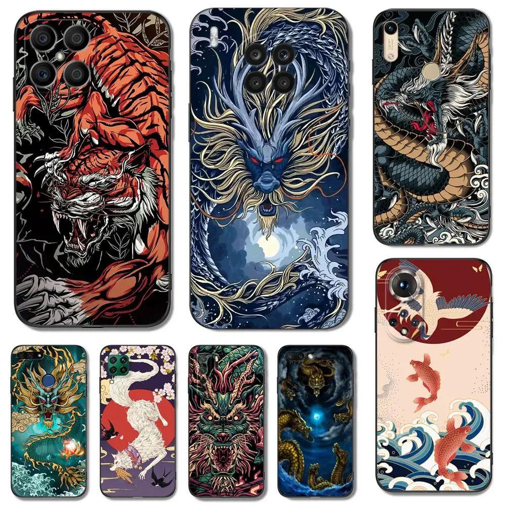 Custodia In Tpu Nero Per Huawei Honor X9 X8 50 Lite Pro 10 Lite Nova 5T 8 9 4G 5G 8I Cover Chinese Dragon Tiger Crane Fish