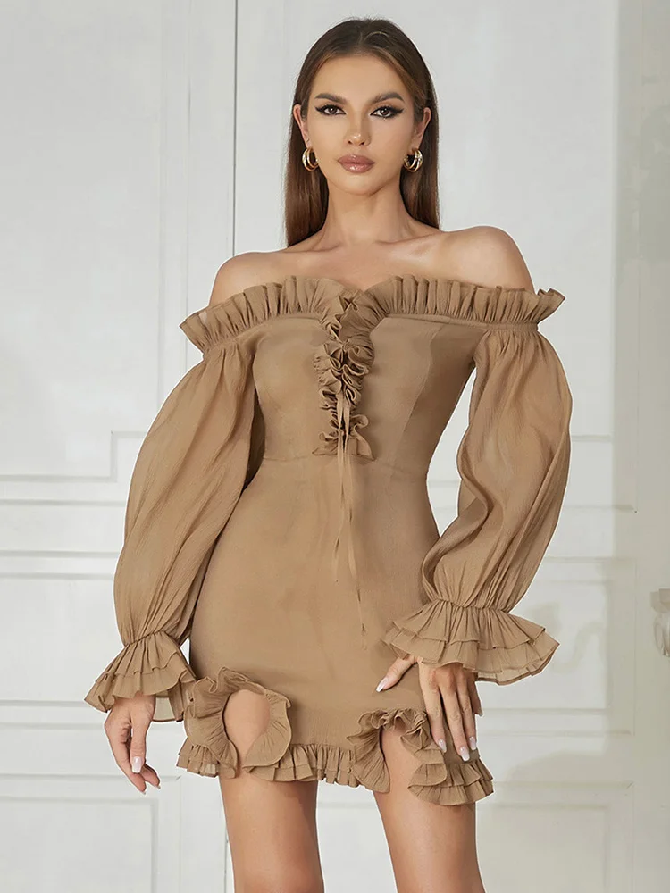 

Sexy Off Shoulder Long Sleeve Slim Mini Dress Women Slash Neck Puff Sleeve Ruffles Mini Dress Celebrity Evening Party Dresses