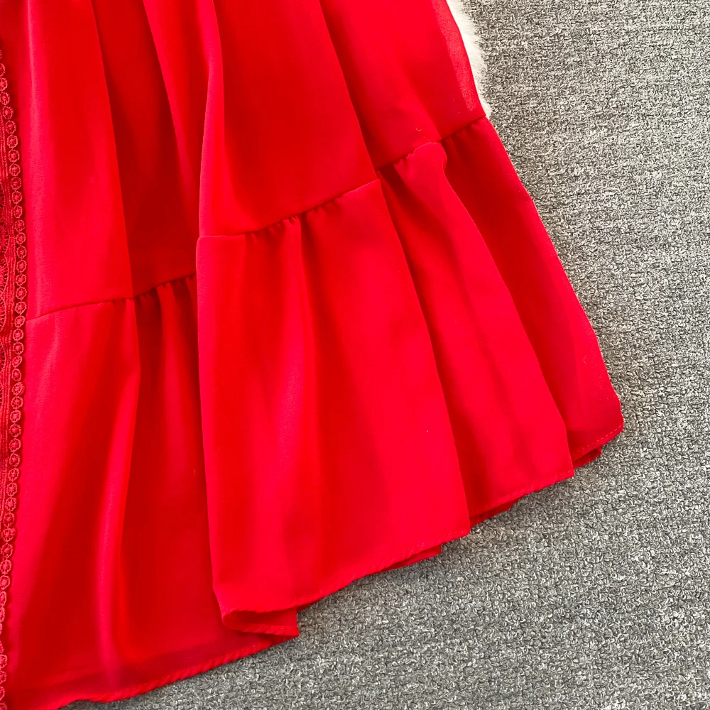 New Women Vintage Party Dress Summer Puff Sleeve Sexy V Neck Lace Single-breasted Long Dresses Ladies A Line Elegant Long Robe