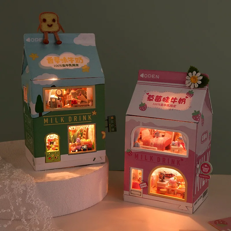 DIY Wooden Mini Cake Bedroom Milk Drink Casa Doll Houses Miniature Building Kits with Furniture Light Dollhouse for Adults Gifts 2