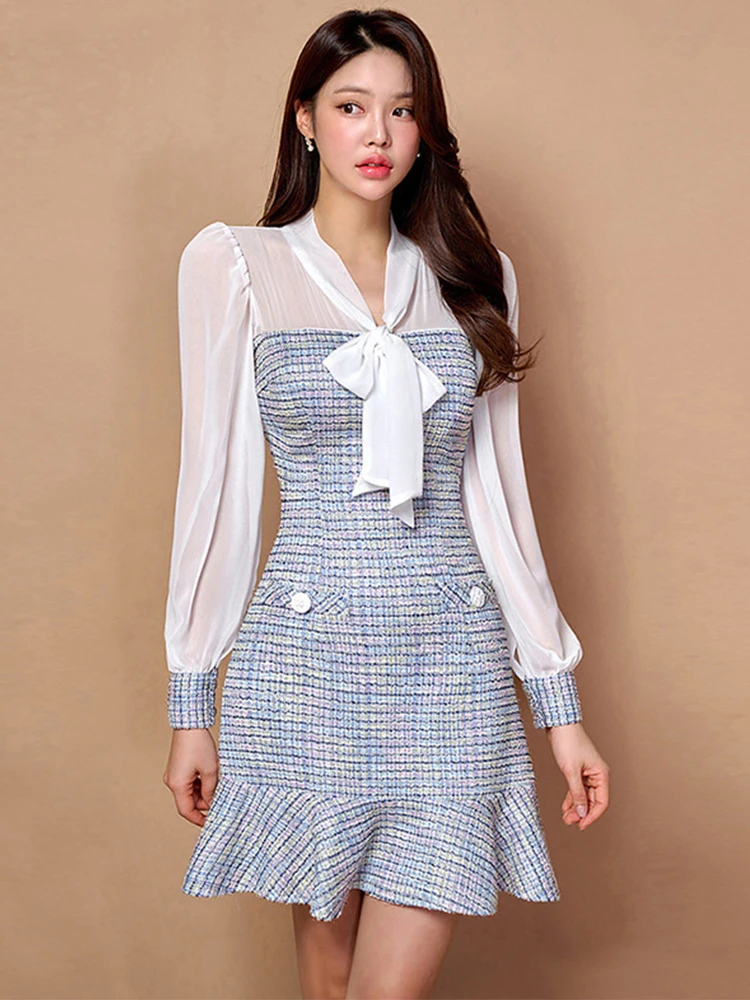 

New Autumn Winter Women Dress Vintage Sweet Sheer Chiffon Long Sleeve Slim Mini Dresses Party Street Clothe Femme Mujer Vestidos