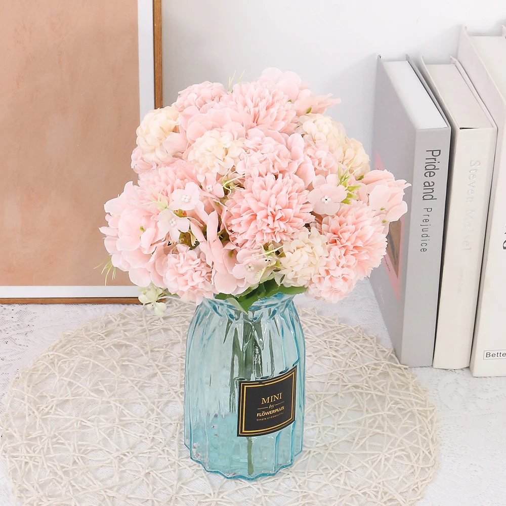 Description Picture 6 of item28cm White Pink Artificial Flowers 5 Heads Hydrangea Silk DIY Wedding Bridal Bouquet Fake Flowers Home Room Party Decoration