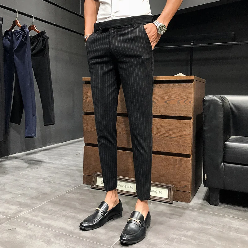 black blazer for men Style British Suit Pants Men Dress Pants Social Slim Fit Office Trousers Men Grey 2022 Spring New Striped Belt Trousers Men's casual blazer