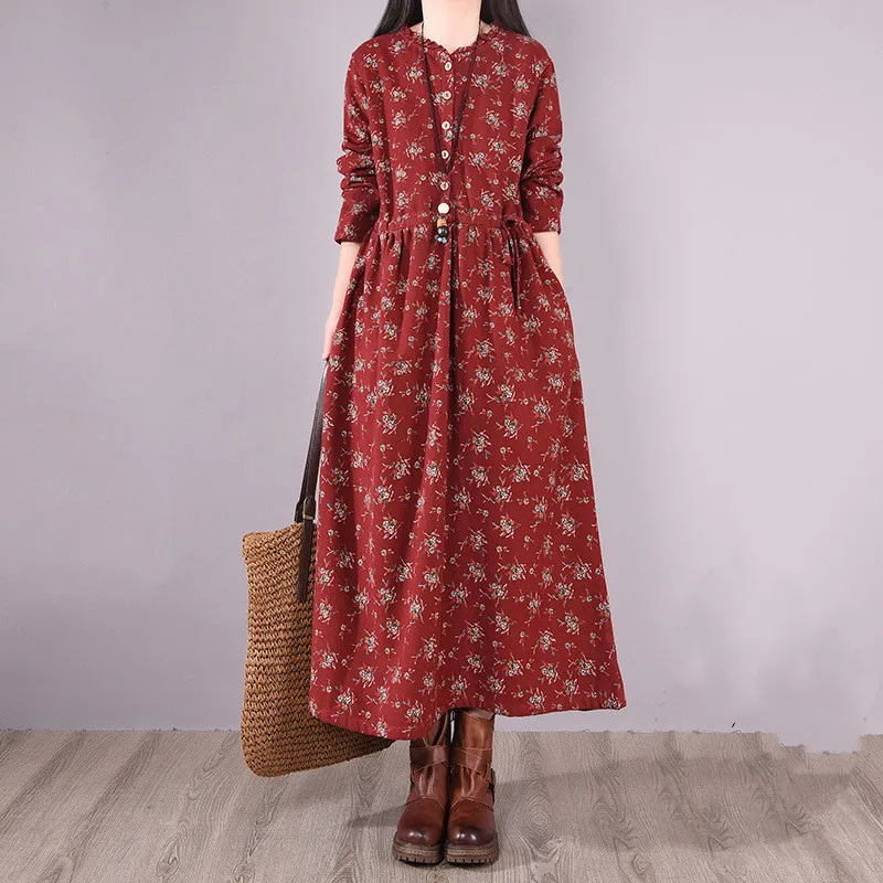 

2023 New Long Sleeve Autumn Dress Print Floral Draw String Slim Vintage Office Lady Work Blouse Dress Women Casual Spring Dress