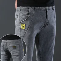 Fashion Men Stretch Straight Slim Grey Denim Jeans Male Streetwear Chic Elastic Pants Long Thin High Street Small Feet Trousers 1