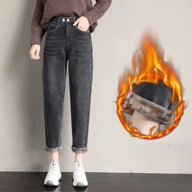 Women Winter Fleece Lined Straigth Jean Korean Fashion Plus Velvet High Waist Denim Trousers Blue Zzipper Fly Baggy Stretch Pant