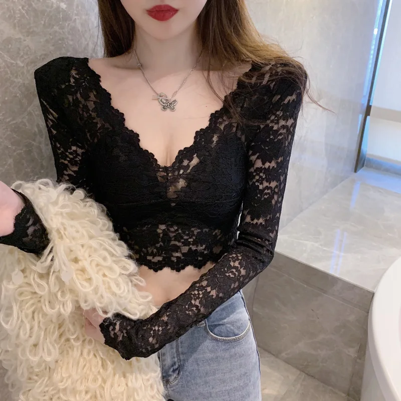 

Lace Shirt Women's Pullover Hollow out V-neck Chiffon Top Solid Color Spring and Autumn Slim Fit Short Sexy Small All-Matching