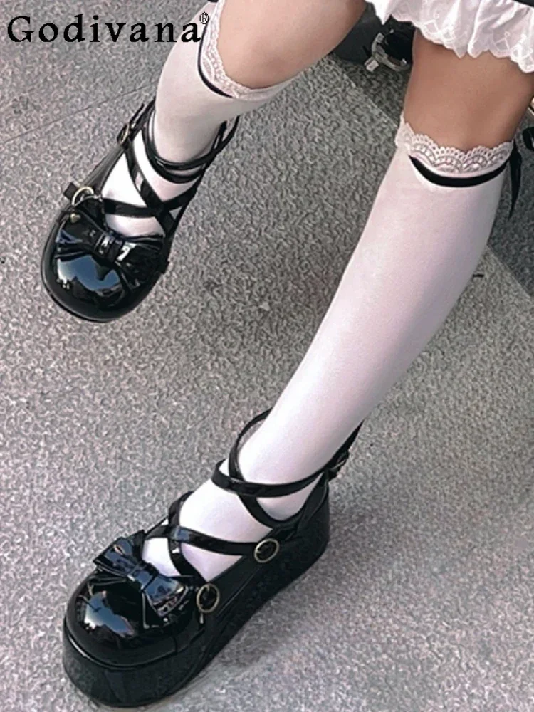 

Sweet Cute Lolita Women Solid Color Round Toe Thick Bottom Mary Jane High Heels Fashion All-Match Velvet Lace-up Platform Shoes