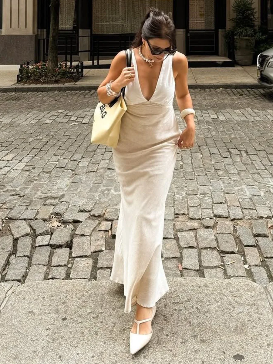 Bornladies Women's 2026 Summer New V-Neck Cami Dress Elegant Fitted Waist Back Lace-Up Sleeveless Maxi Dress