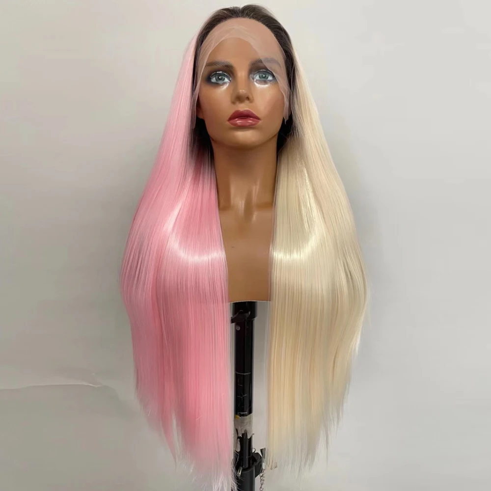 

Synthetic Lace Front Breakdown Free Wigs For Women Long Straight Half-Pink and Half-613 High Temperature Fiber Daily/Cosplay