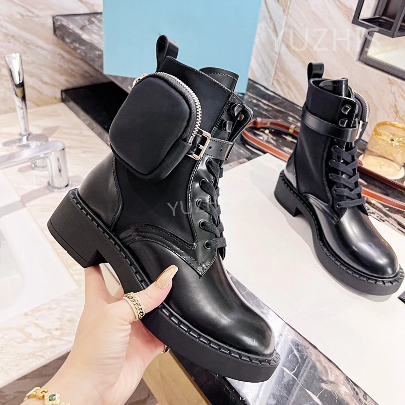 

New Autumn Lace Up Platform Pocket Ankle Boots Women Real Leather Patchwork Short Boots Chunky Heel Round Toe Motorcycle Boots