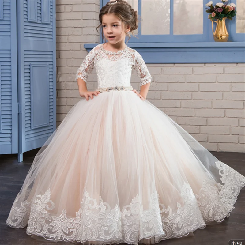 

Ivory Puffy Appliques Jewel Belt Lace Half Sleeve Flower Girls Dresses For Wedding Birthday Party First Communion Gowns