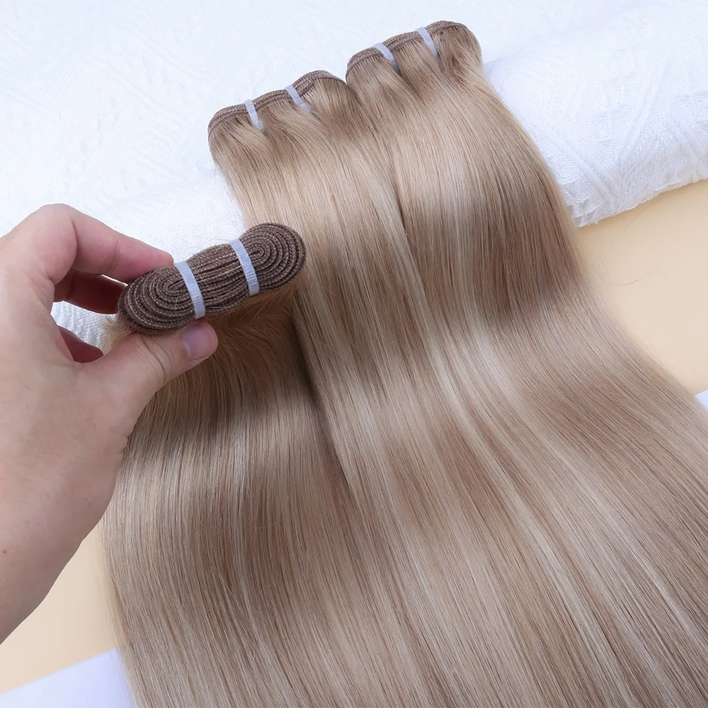 Mèches Biondo Cenere Mescolato con Biondo Schiarito, Set Completo di Ciocche di Capelli Vergini Vietnamiti Lisci, Estensioni di Capelli a Trama a Doppia Trama - immagine 6