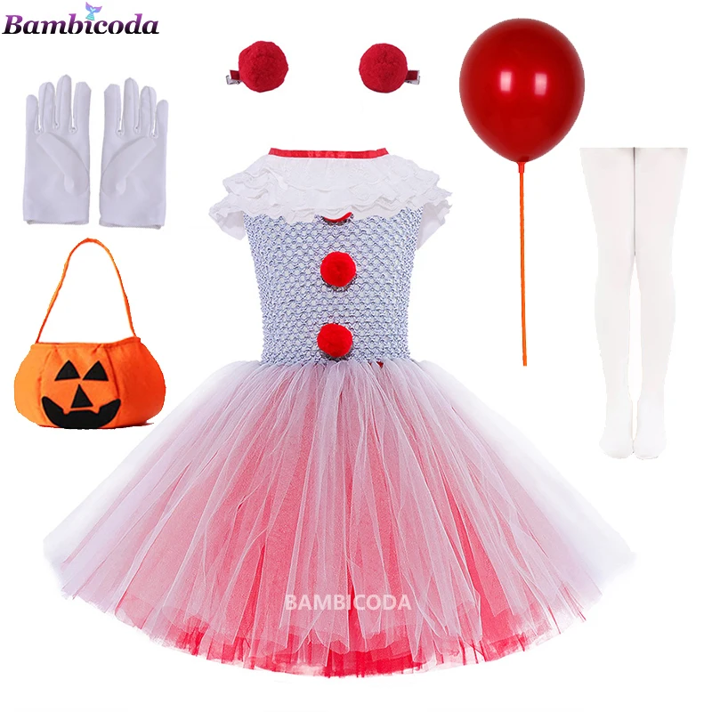 

Children Clown Joker Cosplay Costume Girls Circus Clown Tutu Dress with Headband Kids Birthday Carnival Halloween Party Dresses