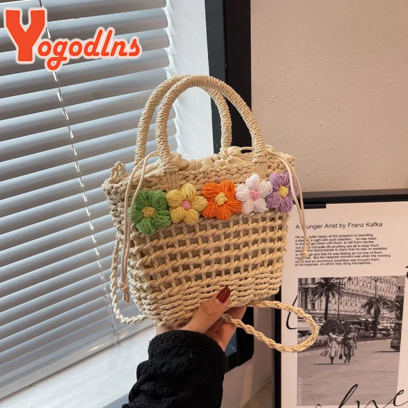Yogodlns New Straw Woven Women Bag Summer Flower Fashion Woven Bag Handbag Paper Rope Hollow Casual Popular Shoulder Bag
