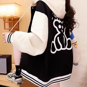 여성용 루즈한 야구 후드 재킷, 만화 프린트, 젊음, 한국 버전, 유행, 용수철, 가을, 신상