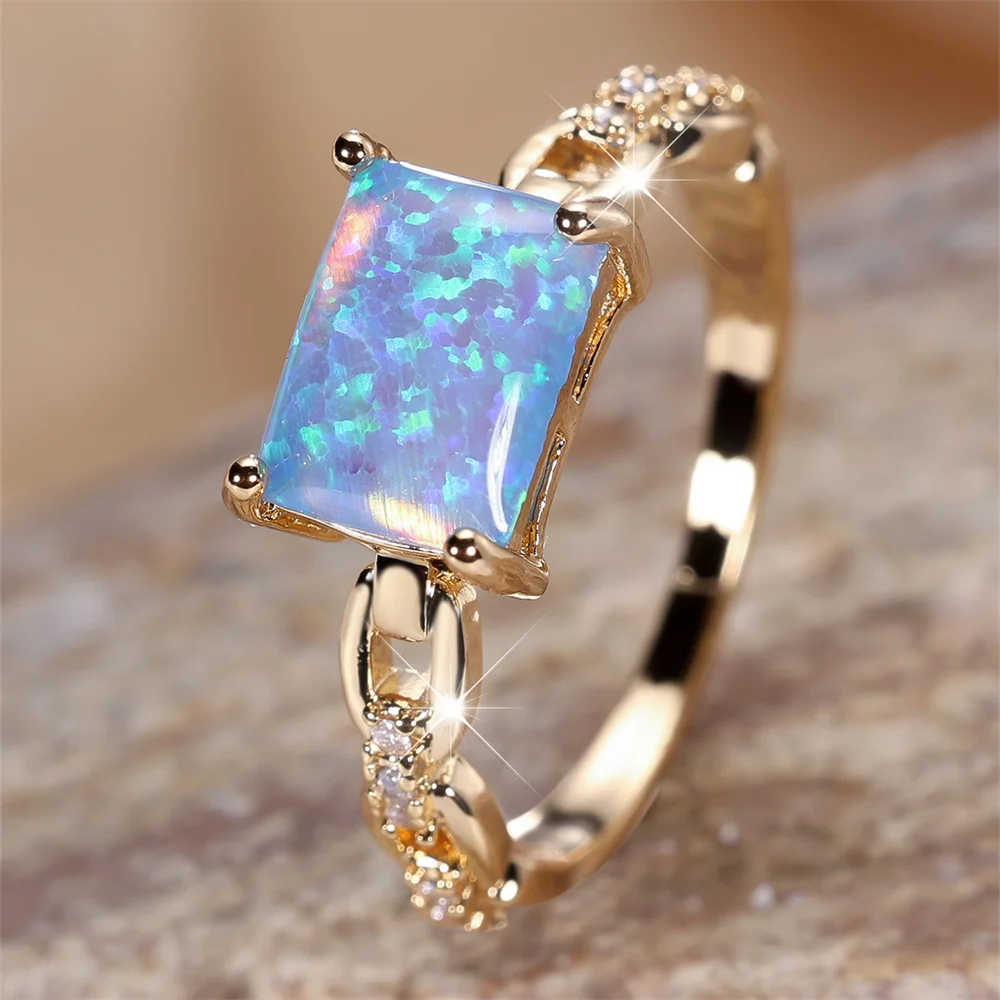 Square Stone Blue Fire Opal Engagement Rings For Women Vintage Gold Color White Zircon Wedding Band Birthstone Jewelry Gift
