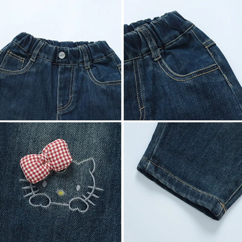 سراويل جينز للفتيات للربيع والخريف، سراويل كاجوال فضفاضة مستقيمة على شكل كارتون هيلو كيتي للأطفال من عمر 2 إلى 8 سنوات، ملابس أطفال