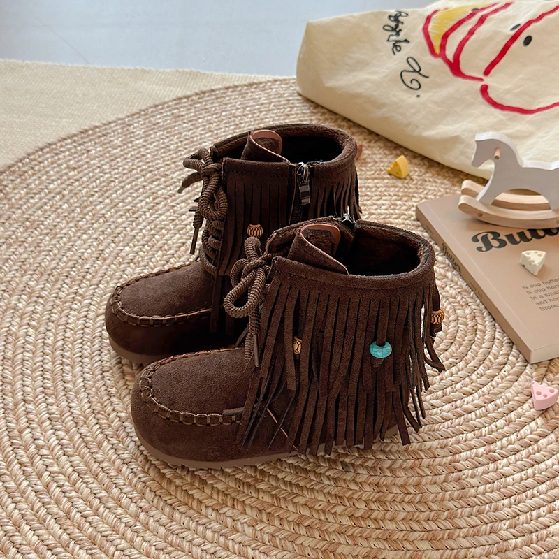 Kids Short Boots Ethnic Style Girls Princess Boots Fashion Versatile 2025 Winter New Children Fashion Casual Boots Suede Warm