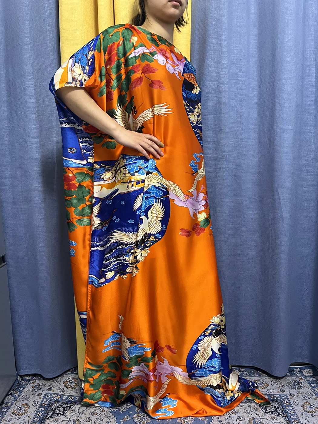 Abayas For Women 2023 Muslim Fashion Silk Print O-neck Short Sleeve Dresses Loose Femme Robe Nigeria Kanga Clothinng With Turban