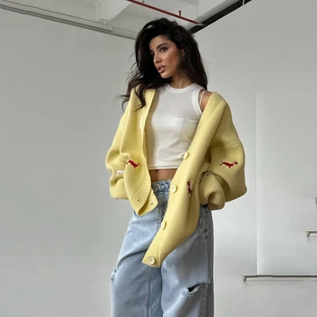 Zekye Cross-border Dachshund Embroidered Sweater Coat For Women Super Loose Soft Lazy Fashionable Knitted Cardigan Outerwear 1