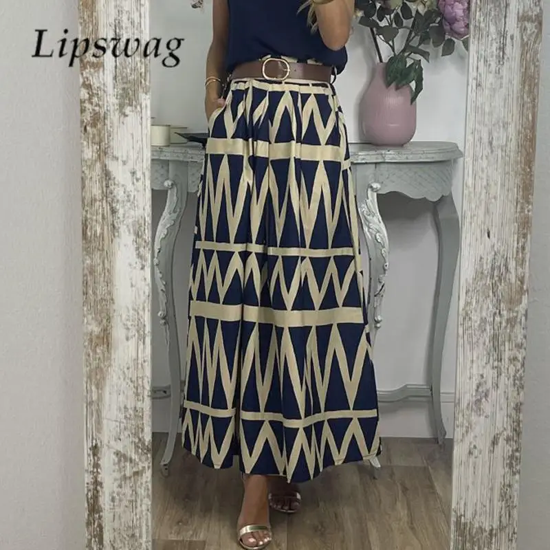 

2023 Boho Summer All-match Pleated Big Hem Skirts Casual Ladies Pockets Loose Skirts Women Pattern Print High Waist Long Skirts