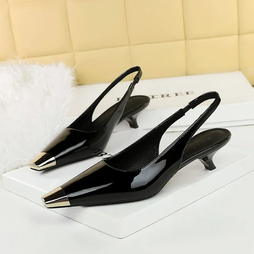 Women's Glossy Patent Leather Heels with Metallic Accent and Rear Strap