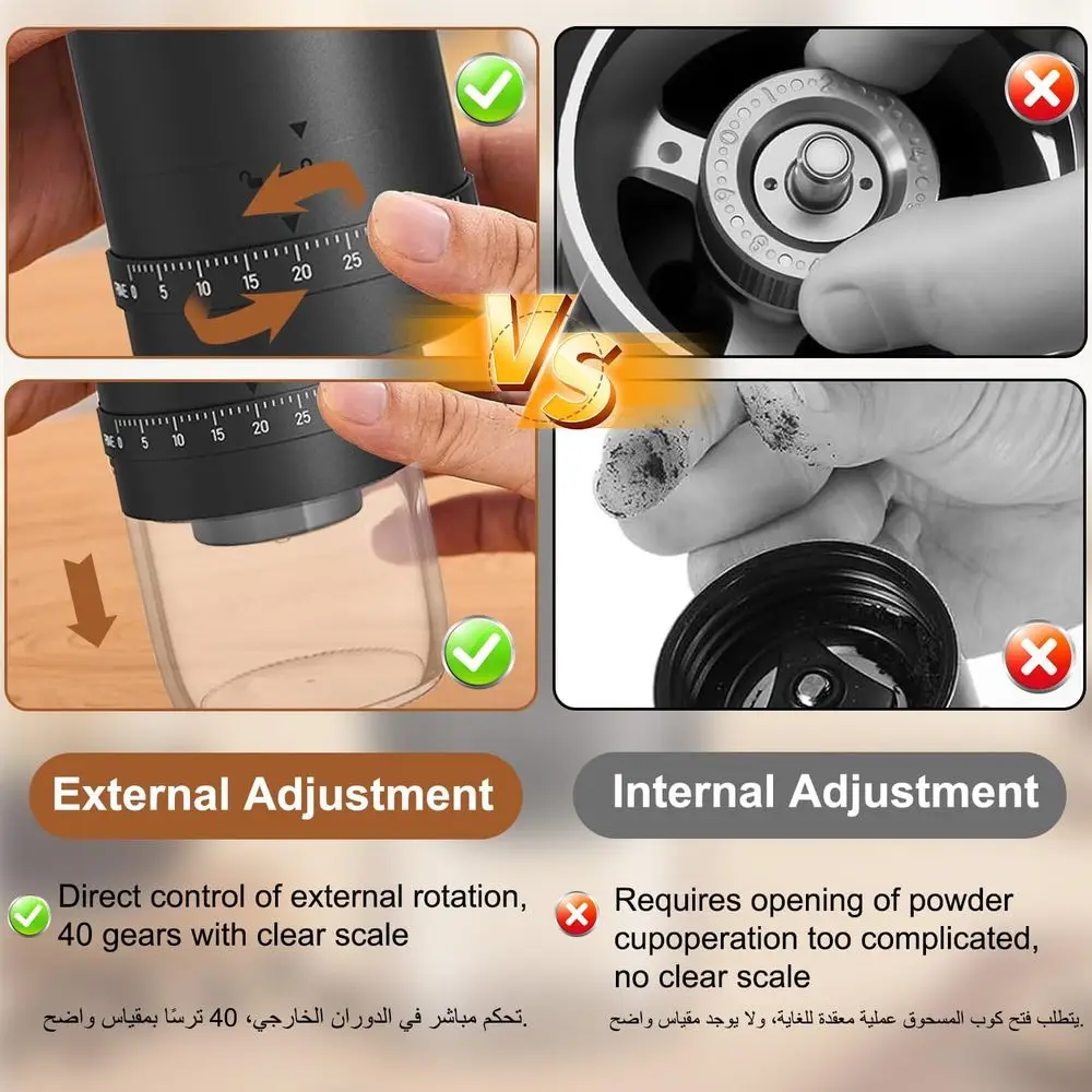 مطحنة قهوة كهربائية قابلة للشحن بـ 40 درجة طحن دقي...